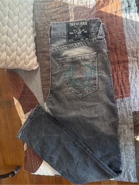 True Religion Men's Gray Slim Jeans with Teal Pocket Stitching